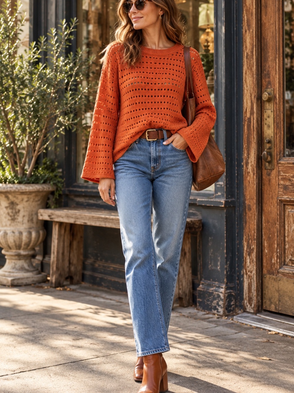 Open Knit Bell Sleeve Sweater Crochet Look 70s Boho Folk Festival Rust M